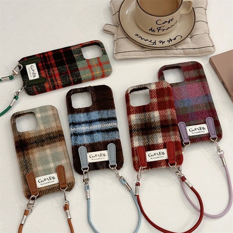 Flannel Contrast Color Check Carrying Strap Wrist Strap Phone Case