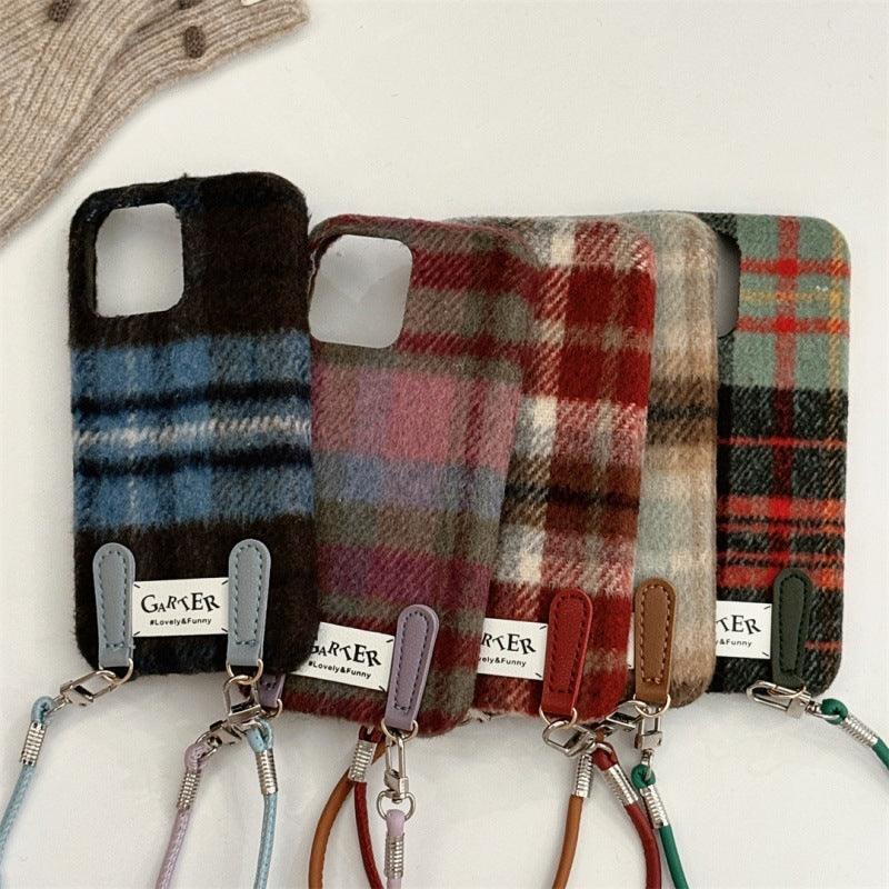 Flannel Contrast Color Check Carrying Strap Wrist Strap Phone Case