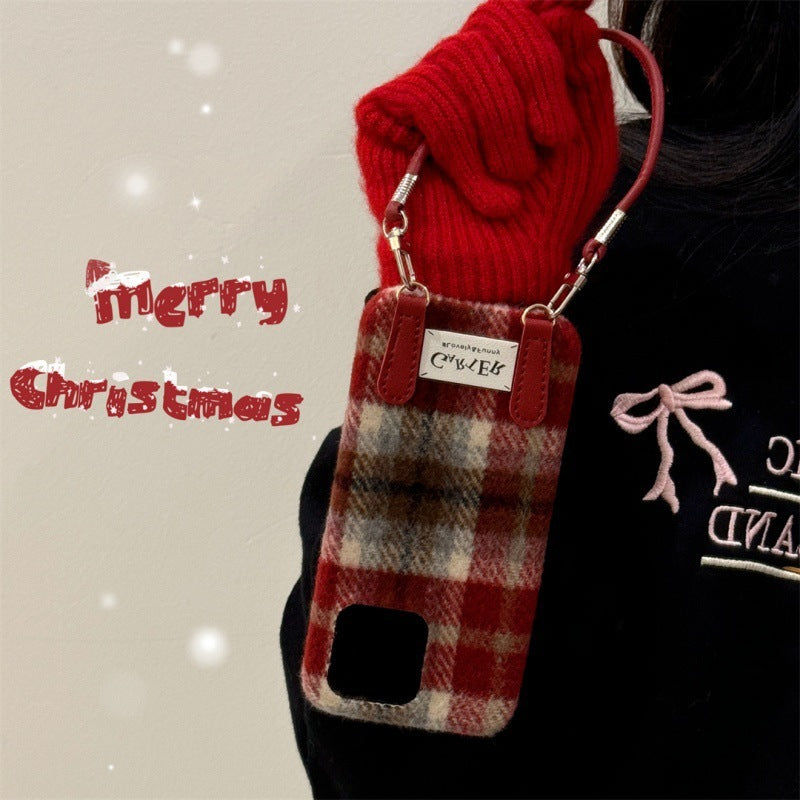 Flannel Contrast Color Check Carrying Strap Wrist Strap Phone Case